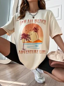 SHEIN Unity Tropical & Letter Graphic Drop Shoulder Tee - Apricot - View 1