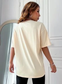 SHEIN Unity Tropical & Letter Graphic Drop Shoulder Tee - Apricot - View 2