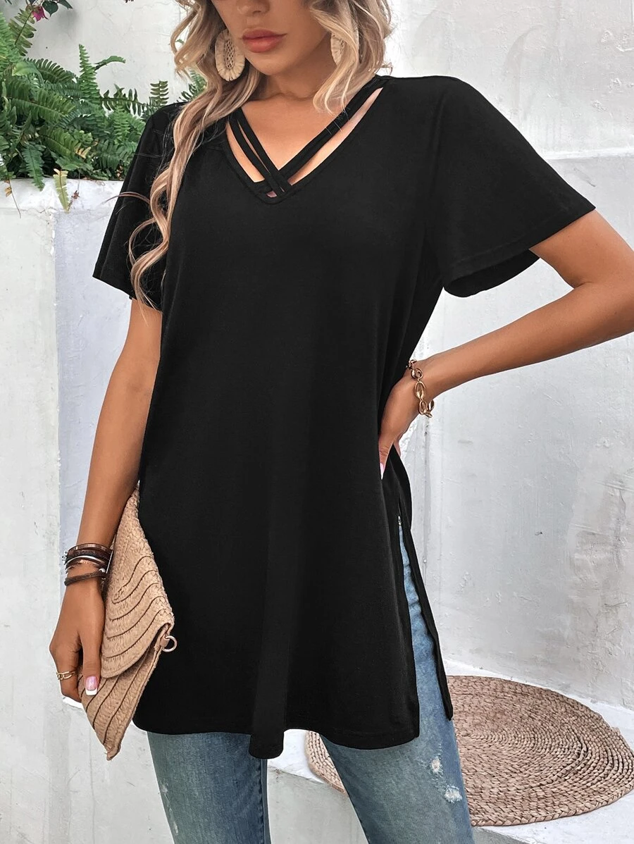 SHEIN LUNE Criss Cross Front Split Hem Tee - Black - View 1