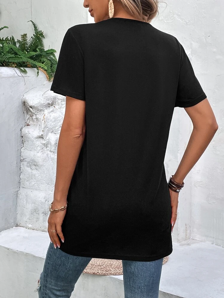 SHEIN LUNE Criss Cross Front Split Hem Tee - Black - View 2