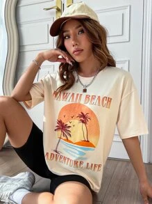 SHEIN Unity Tropical & Letter Graphic Drop Shoulder Tee - Apricot - View 4