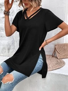 SHEIN LUNE Criss Cross Front Split Hem Tee - Black - View 3