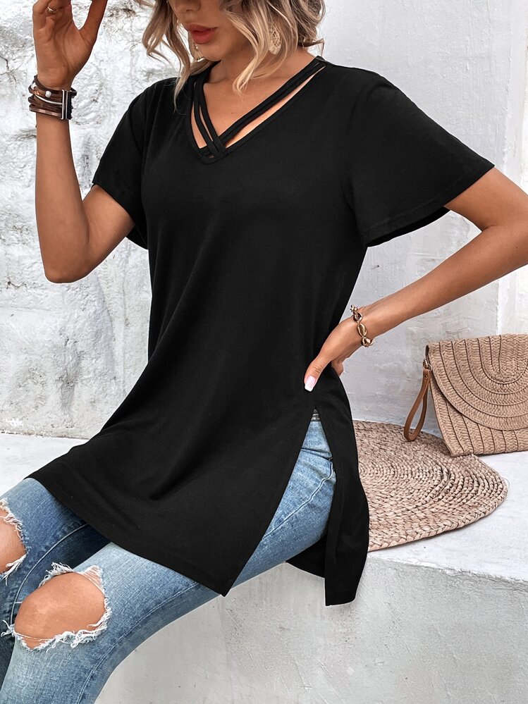 SHEIN LUNE Criss Cross Front Split Hem Tee - Black - View 3