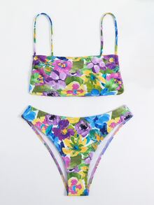 Floral Print High Cut Summer Beach Bikini Set - Multicolor - View 3