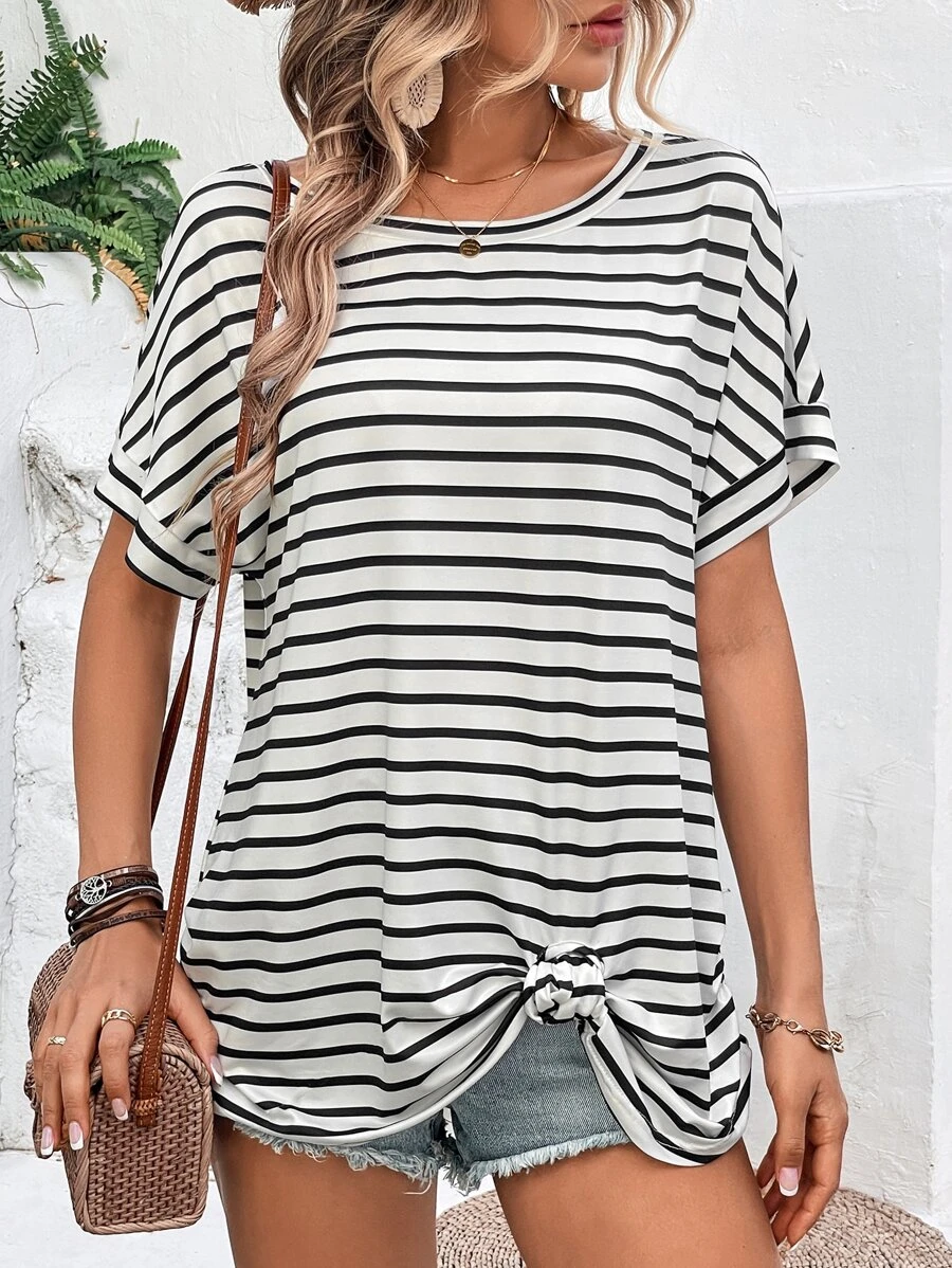 SHEIN VCAY 條紋圖案蝙蝠袖T恤 - 白色 - 查看 1