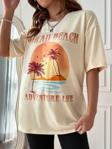 SHEIN Unity Tropical & Letter Graphic Drop Shoulder Tee - Apricot - View 5