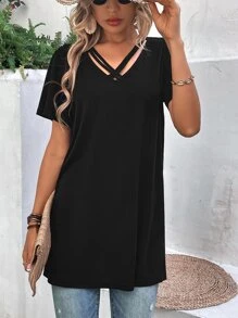 SHEIN LUNE Criss Cross Front Split Hem Tee - Black - View 4