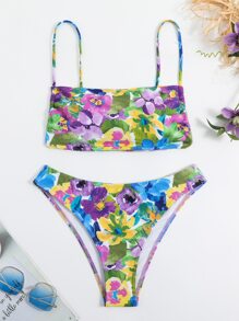 Floral Print High Cut Summer Beach Bikini Set - Multicolor - View 5