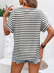 SHEIN VCAY 條紋圖案蝙蝠袖T恤 - 白色 - 查看 2