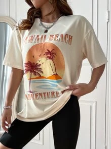 SHEIN Unity Tropical & Letter Graphic Drop Shoulder Tee - Apricot - View 6