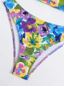 Floral Print High Cut Summer Beach Bikini Set - Multicolor - View 6
