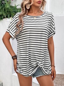 SHEIN VCAY 條紋圖案蝙蝠袖T恤 - 白色 - 查看 3