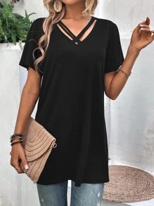 SHEIN LUNE Criss Cross Front Split Hem Tee - Black - View 6