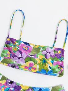 Floral Print High Cut Summer Beach Bikini Set - Multicolor - View 7