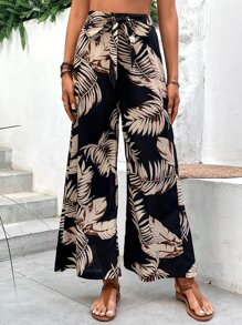 SHEIN VCAY Tropical Print Belted Wide Leg Trousers - Black - View 1