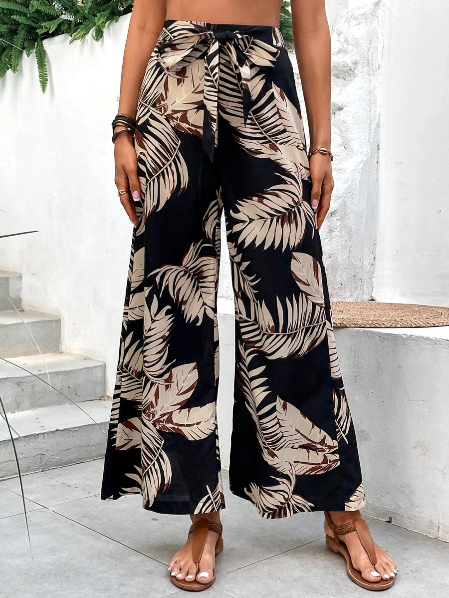 SHEIN VCAY Tropical Print Belted Wide Leg Trousers - Black - View 1