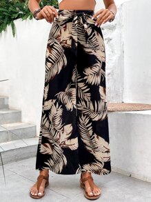 SHEIN VCAY Tropical Print Belted Wide Leg Trousers - Black - View 3