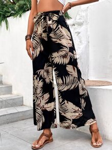 SHEIN VCAY Tropical Print Belted Wide Leg Trousers - Black - View 5