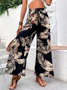 SHEIN VCAY Tropical Print Belted Wide Leg Trousers - Black - View 6