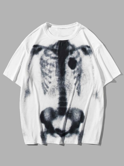 Grunge Punk Men Skeleton Print Tee For Halloween, School