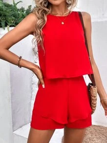 SHEIN Holidaya 素色後拉鏈連身短褲 - 紅色 - 查看 4