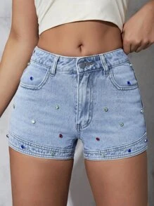 Rhinestone Denim Shorts - Light Wash - View 1
