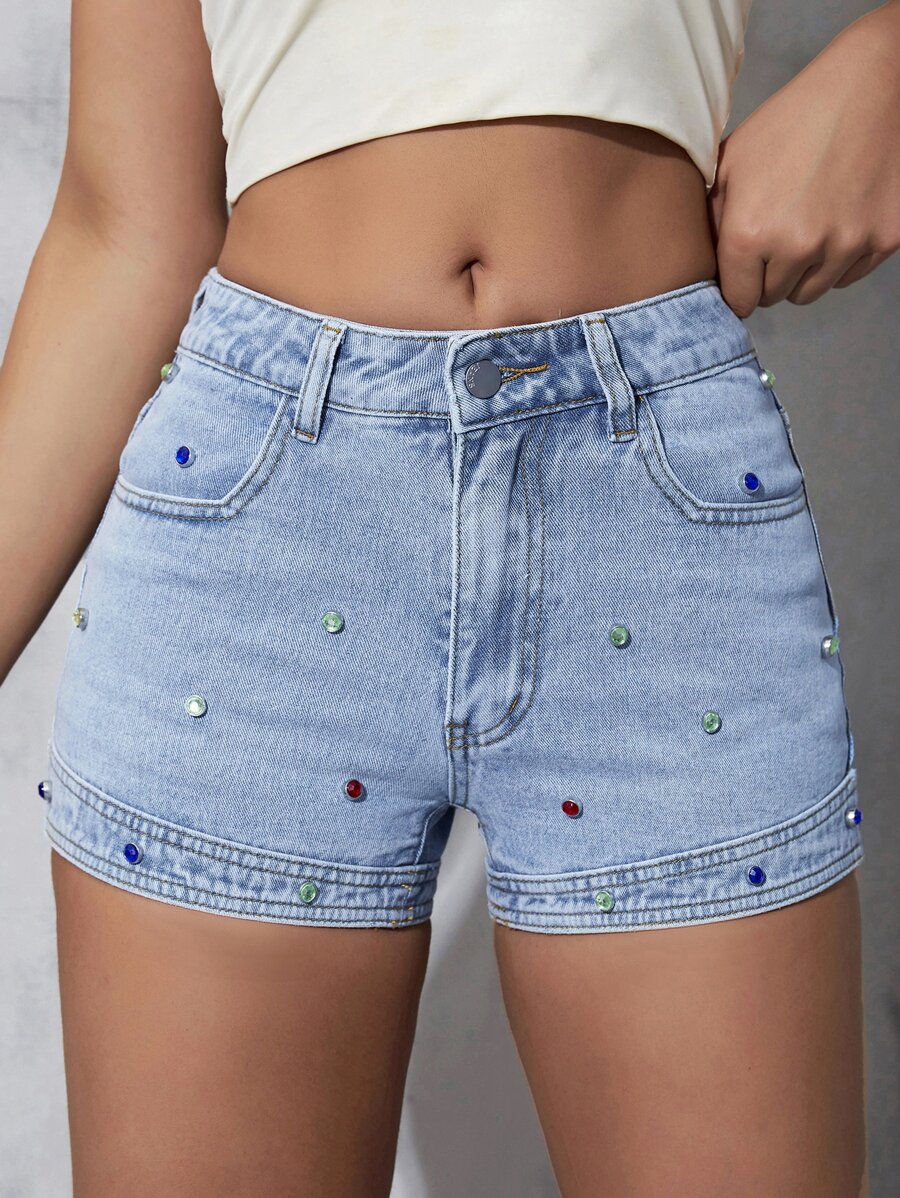 Rhinestone Denim Shorts - Light Wash - View 1