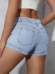 Rhinestone Denim Shorts - Light Wash - View 2