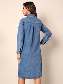 Flap Pocket Button Front Denim Dress - Medium Wash - View 2