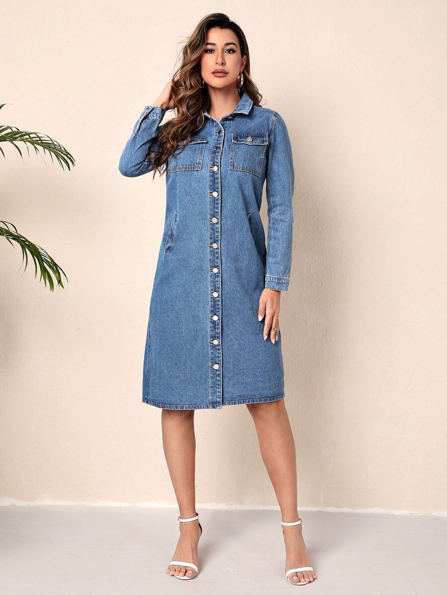 Flap Pocket Button Front Denim Dress - Medium Wash - View 1