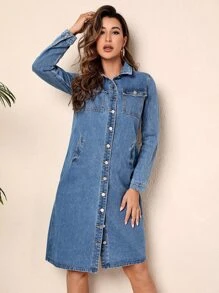 Flap Pocket Button Front Denim Dress - Medium Wash - View 3