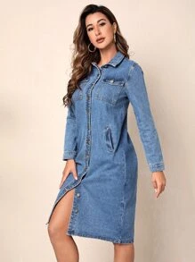 Flap Pocket Button Front Denim Dress - Medium Wash - View 6
