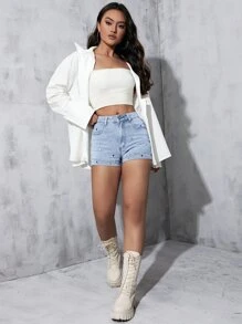 Rhinestone Denim Shorts - Light Wash - View 6