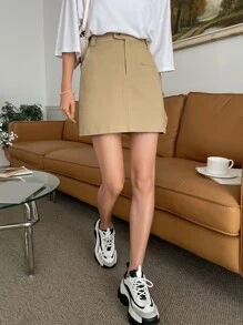 DAZY 高腰斜口袋半身裙 秋冬 - 卡其色 - 查看 4