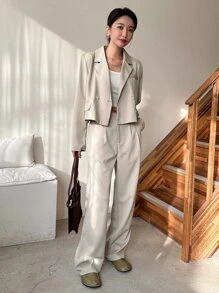 DAZY Double Button Blazer & Slant Pocket Straight Leg Trousers - Khaki - View 1