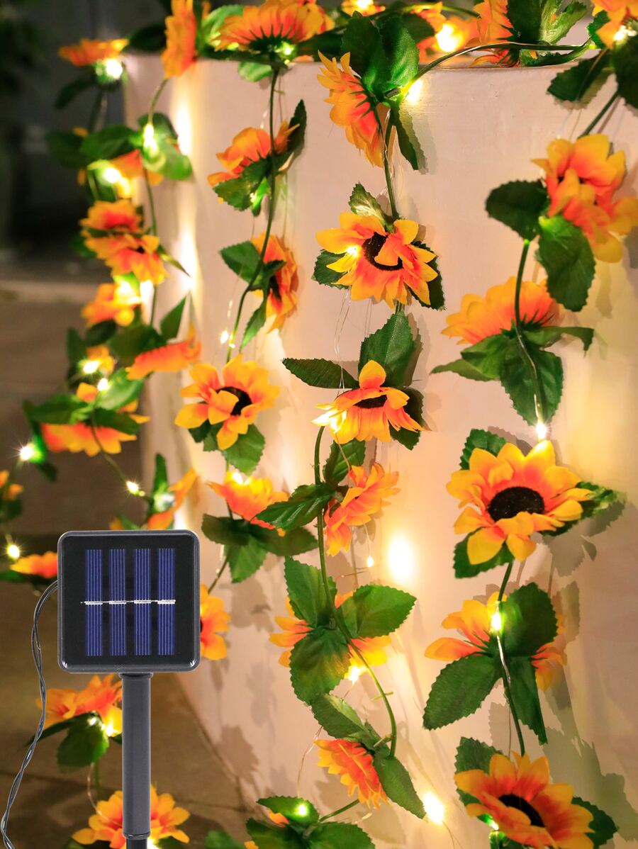 1pc 20/40/60 LED 4/6/8M Đèn dây trang trí hoa hướng dương nhân tạo năng lượng mặt trời, Đèn chiếu sáng ngoài trời cho lối đi, sân, hiên - Màu vàng - Xem 1