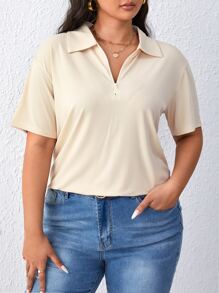 SHEIN Essnce Plus Polo Neck Drop Shoulder Tee - Beige - View 3