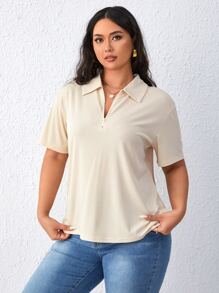 SHEIN Essnce Plus Polo Neck Drop Shoulder Tee - Beige - View 4