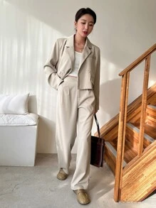 DAZY Double Button Blazer & Slant Pocket Straight Leg Trousers - Khaki - View 4