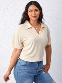 SHEIN Essnce Plus Polo Neck Drop Shoulder Tee - Beige - View 5
