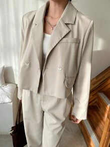 DAZY Double Button Blazer & Slant Pocket Straight Leg Trousers - Khaki - View 5