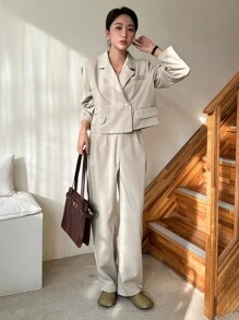 DAZY Double Button Blazer & Slant Pocket Straight Leg Trousers - Khaki - View 6