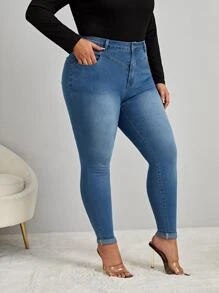 SHEIN Jeans ajustados con cremallera - Azul lavado medio - Ver 3