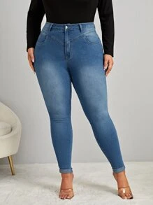 SHEIN Jeans ajustados con cremallera - Azul lavado medio - Ver 4