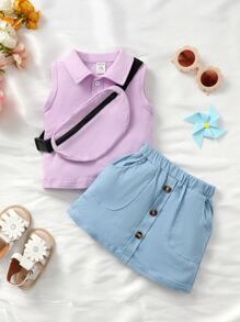 嬰兒Polo領背心上衣和紐扣細節半身裙和配件包 - 彩色 - 查看 1