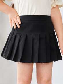 SHEIN 年輕女孩實色百褶裙 - 黑色 - 查看 1