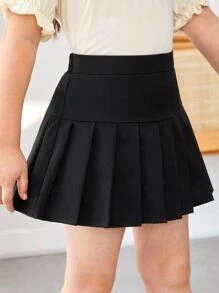 SHEIN 年輕女孩實色百褶裙 - 黑色 - 查看 3