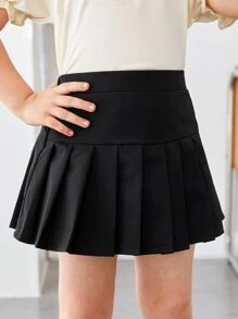 SHEIN 年輕女孩實色百褶裙 - 黑色 - 查看 4