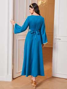 Al Najma Floral Lace Contrast Trim Belted Dress - Blue - View 2