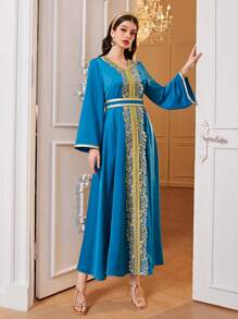 Al Najma Floral Lace Contrast Trim Belted Dress - Blue - View 3